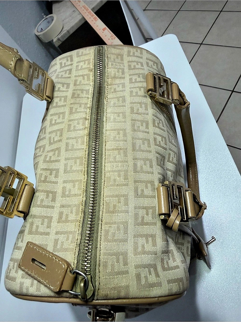 Vintage Fendi Zucchino FF Monogram Boston Bag Beige Tan Canvas Leather - Picture 7 of 12